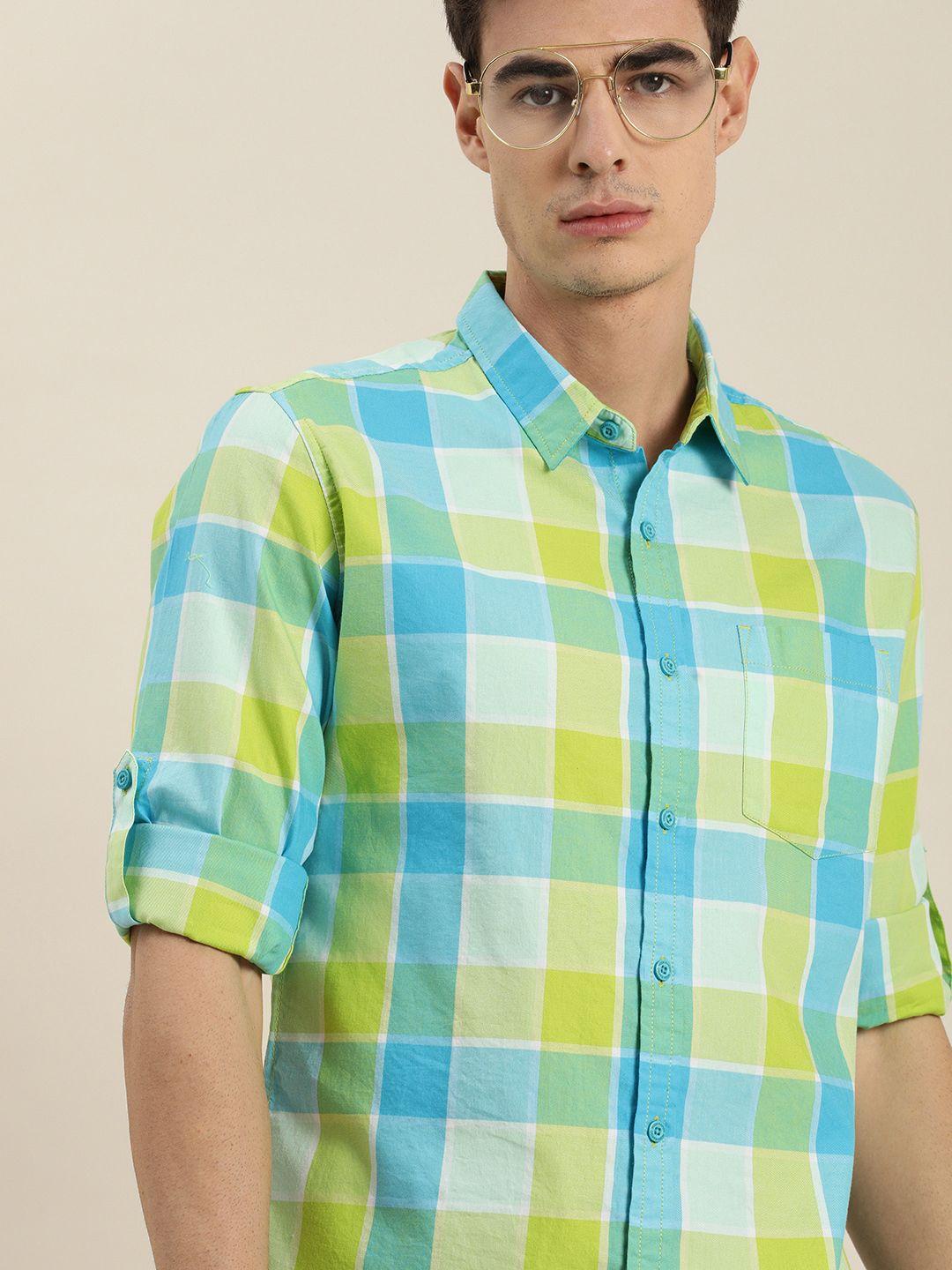 moda rapido men green & blue slim fit checked sustainable casual shirt