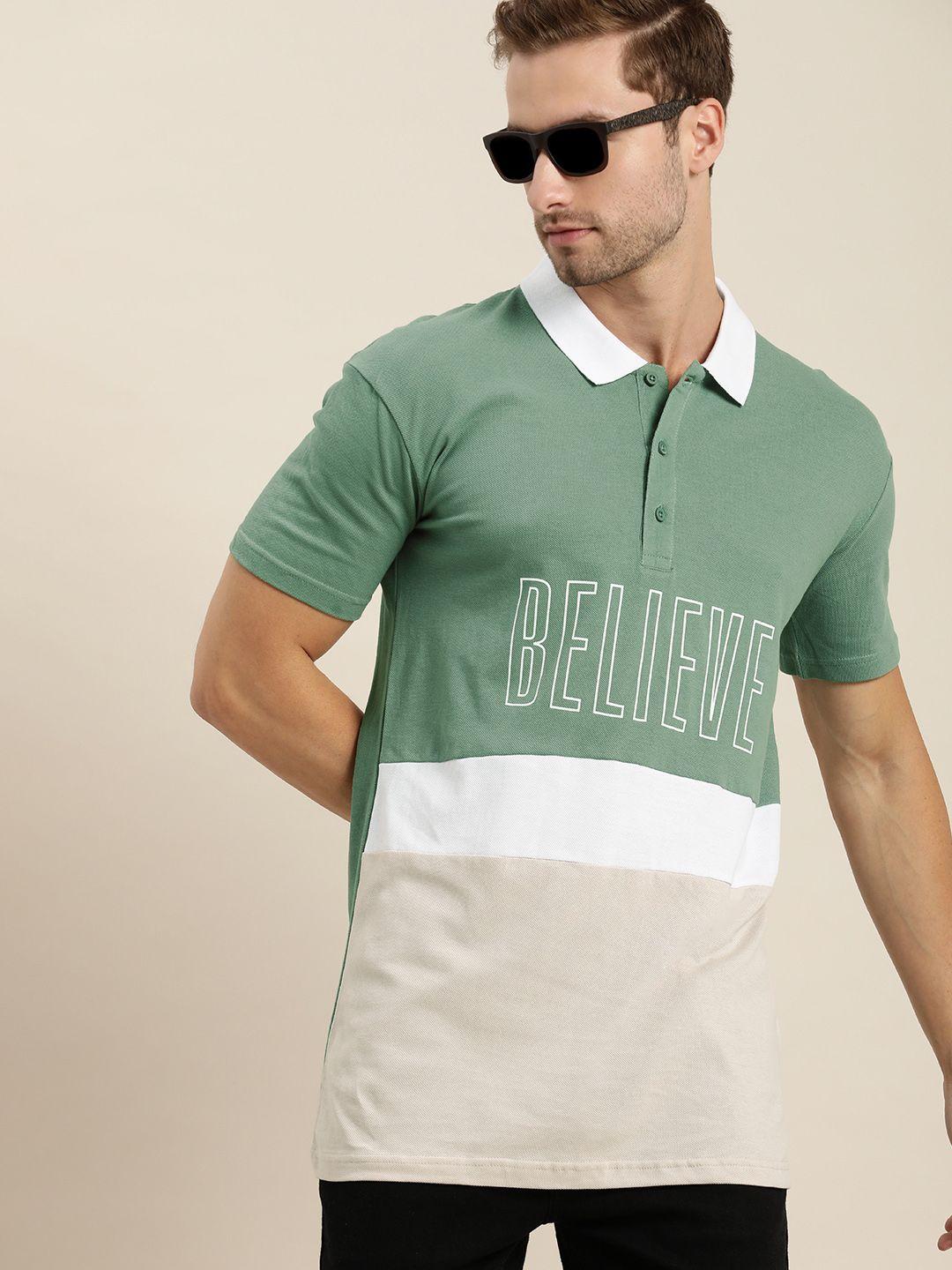moda rapido men green & white colourblocked polo collar pure cotton t-shirt