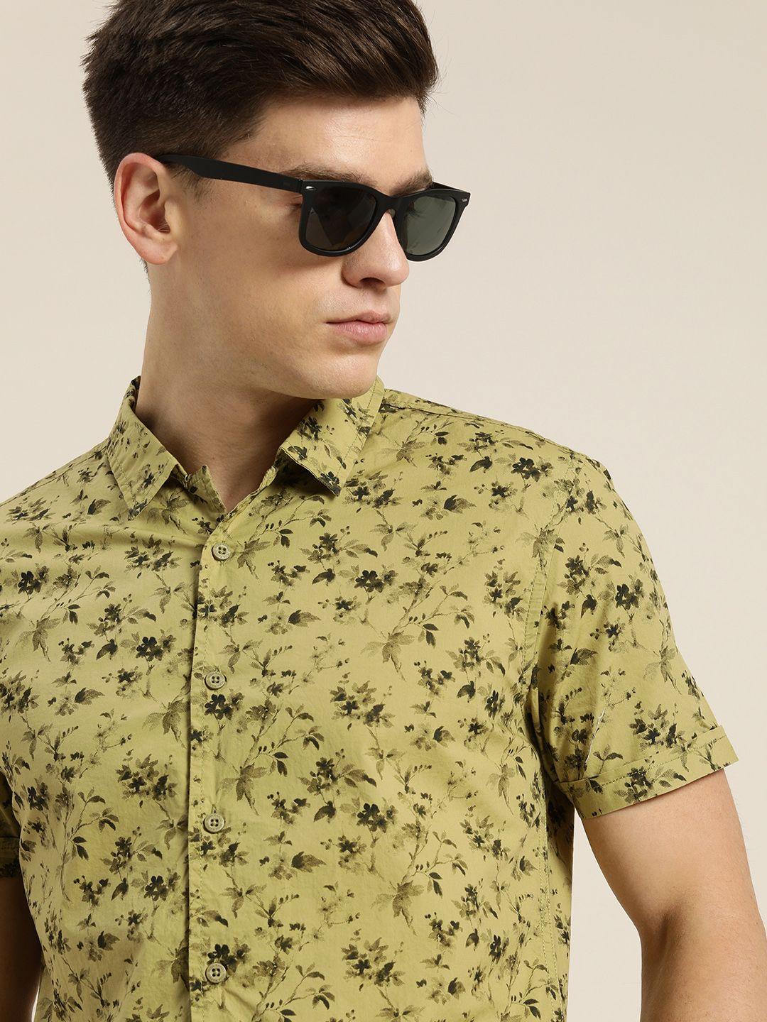 moda rapido men green pure cotton slim fit floral printed casual shirt