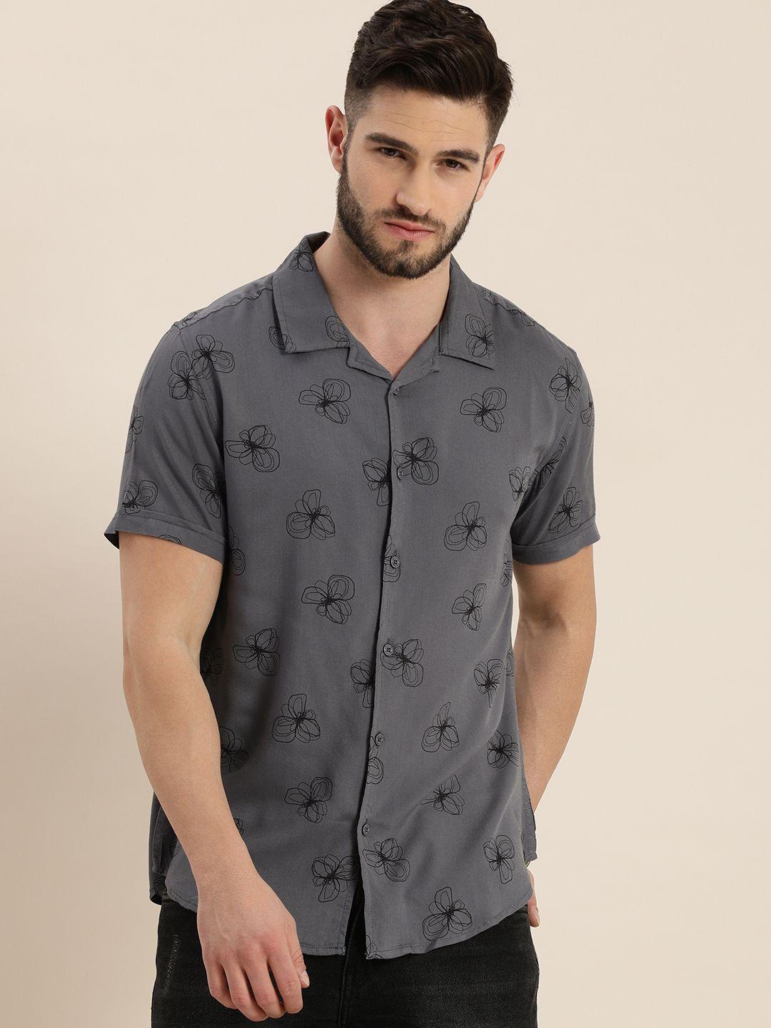 moda rapido men grey & black slim fit floral printed sustainable casual shirt