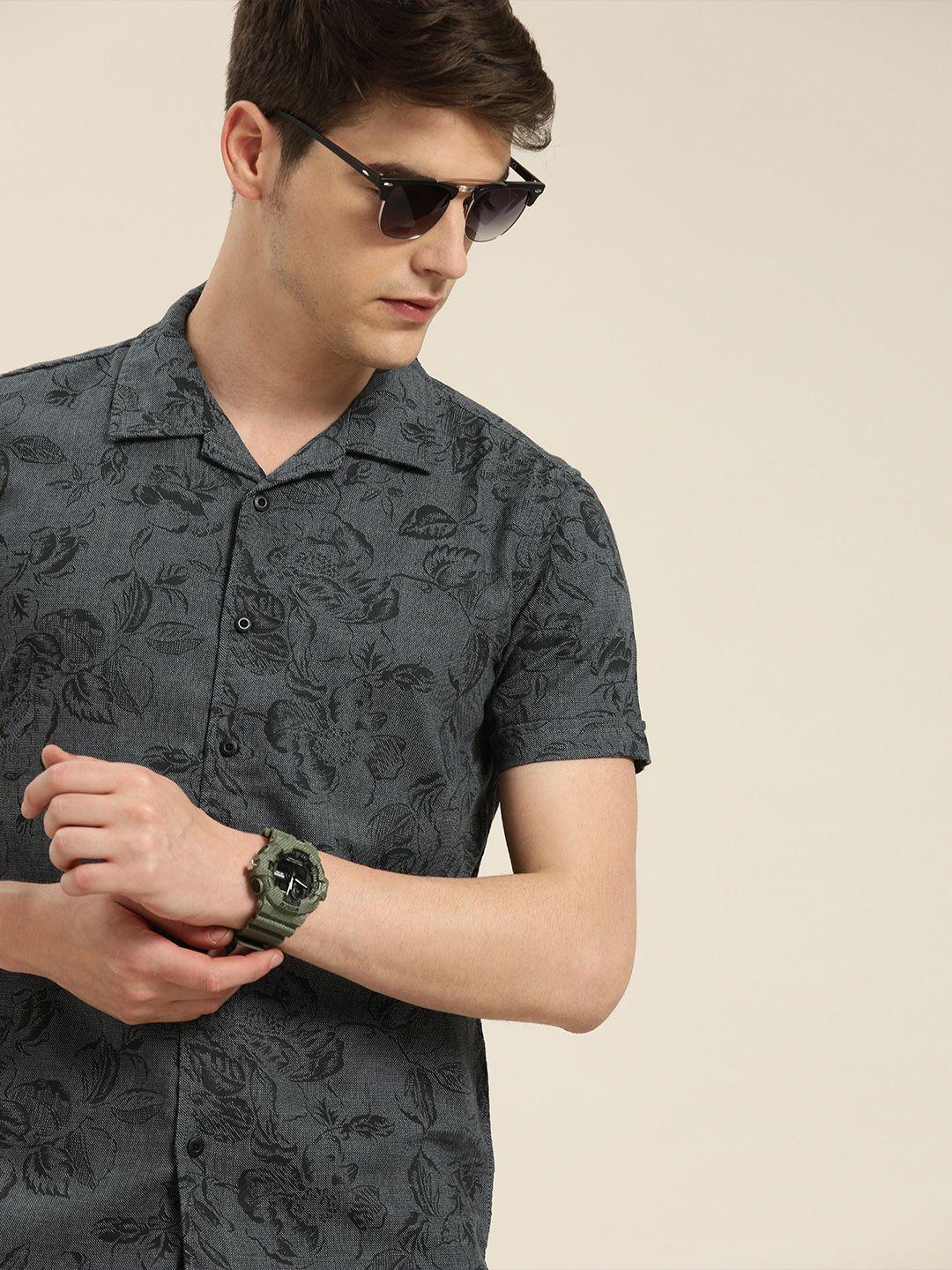 moda rapido men grey & black slim fit printed casual shirt