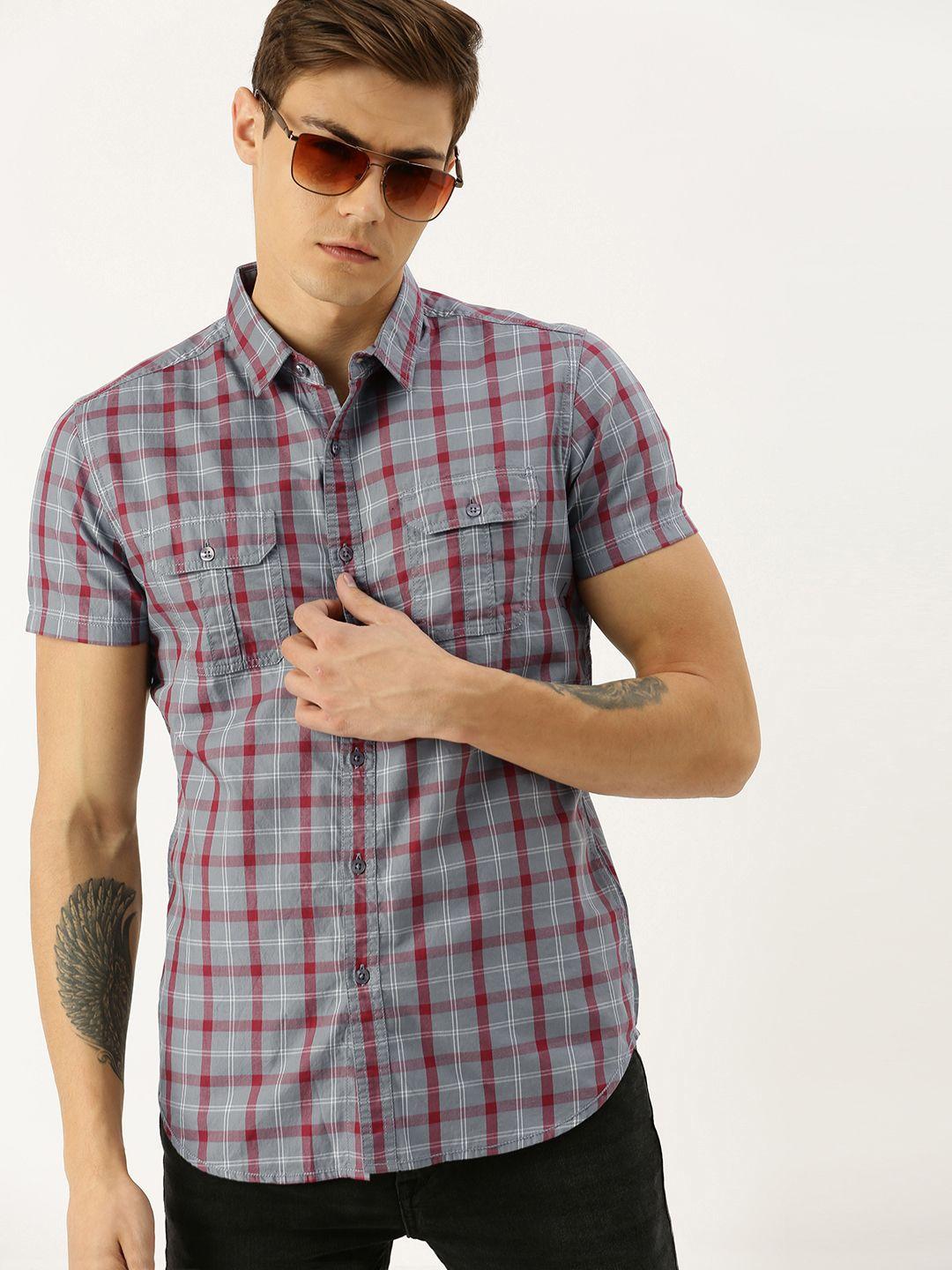 moda rapido men grey & maroon slim fit checked sustainable casual shirt