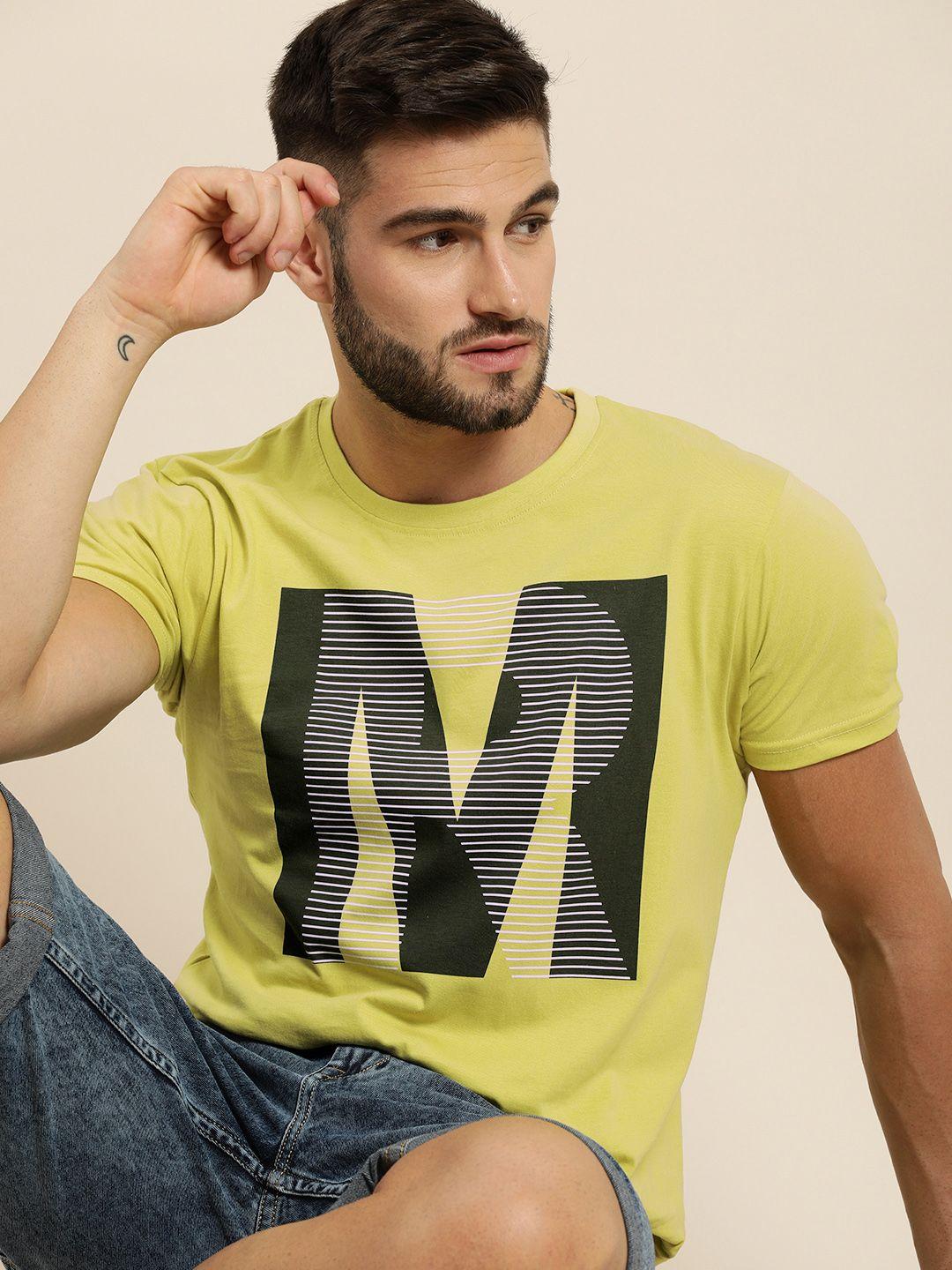 moda rapido men lime yellow graphic printed pure cotton t-shirt