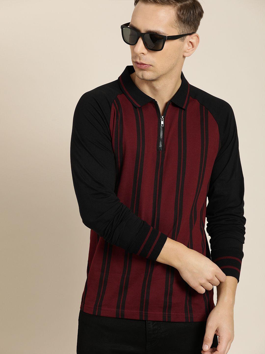 moda rapido men maroon  black striped polo collar pure cotton t-shirt