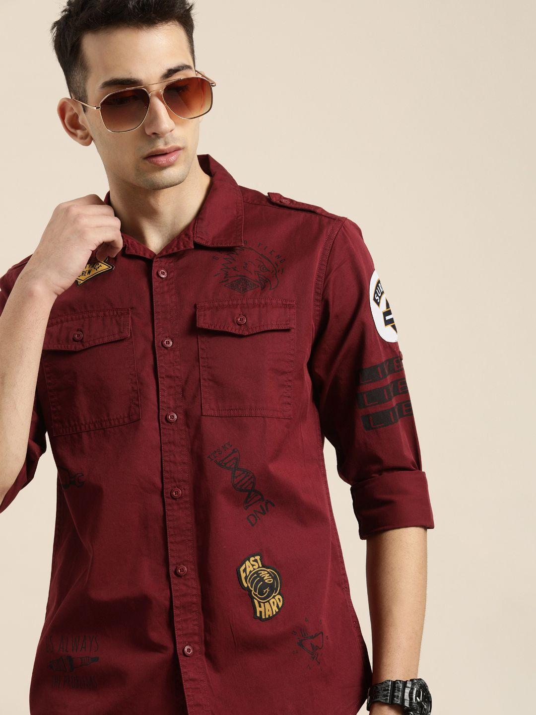 moda rapido men maroon slim fit solid casual shirt with applique detailing