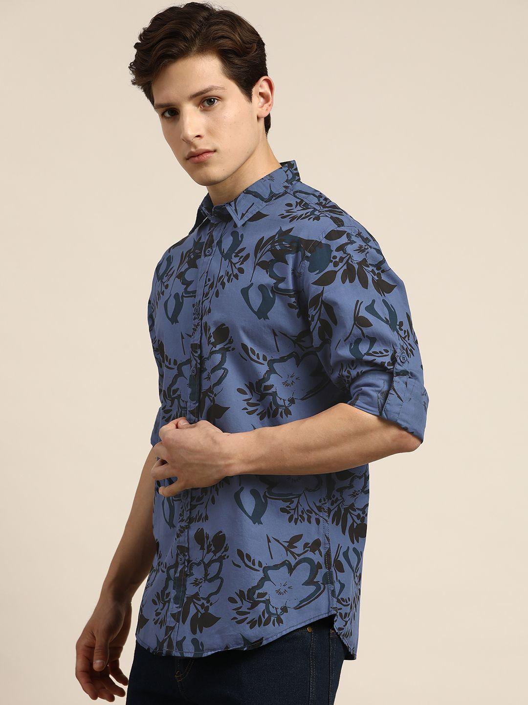 moda rapido men navy blue & black slim fit floral printed cotton  shirt