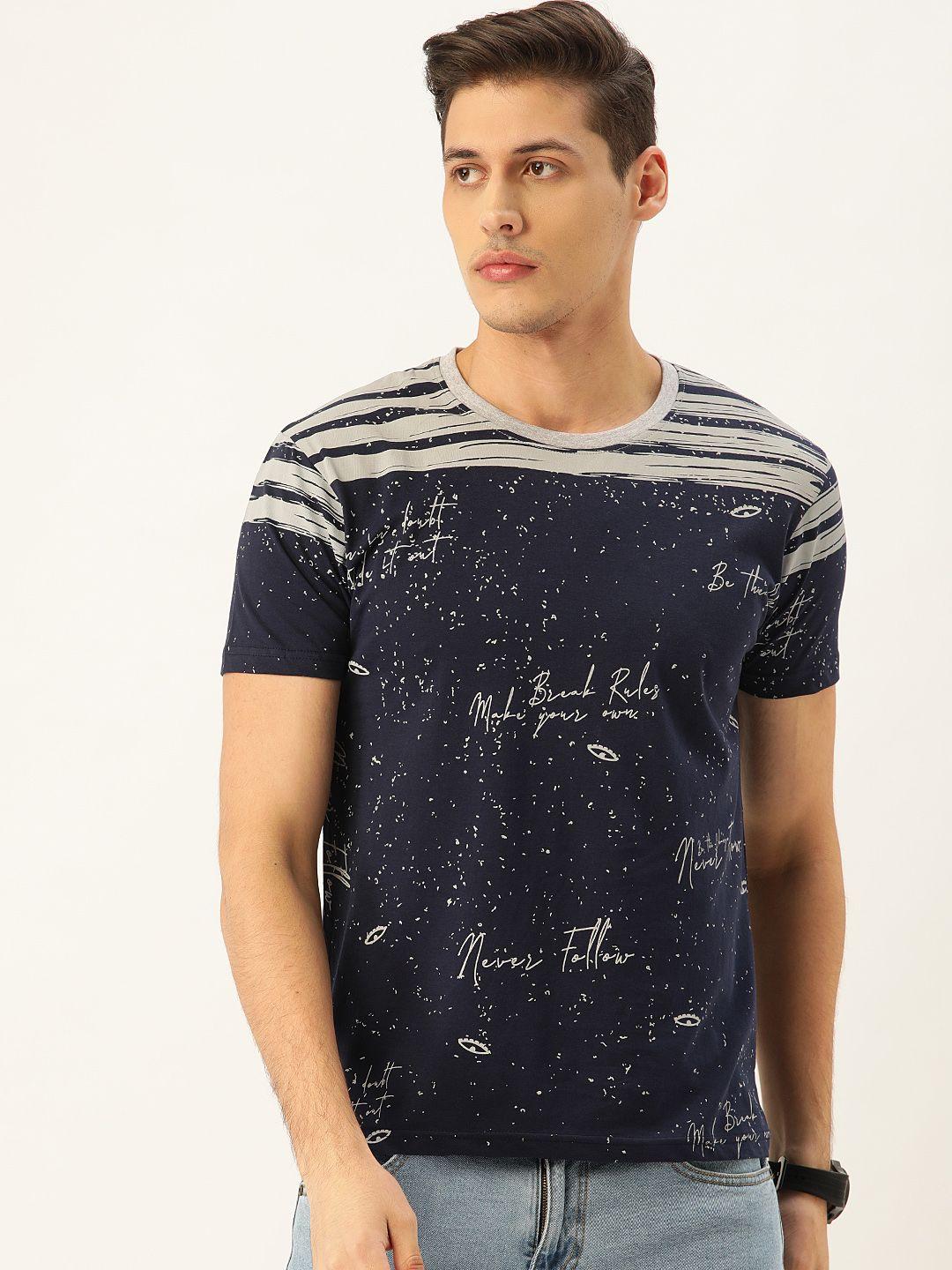 moda rapido men navy blue & grey printed round neck t-shirt