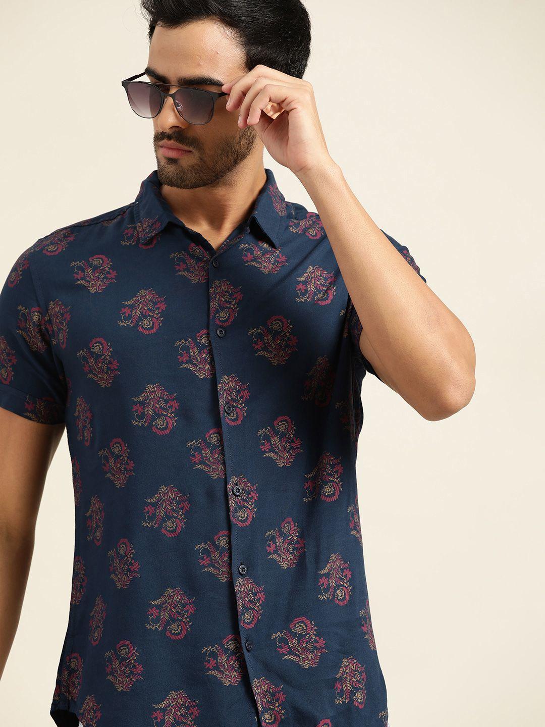 moda rapido men navy blue & magenta slim fit printed sustainable casual shirt