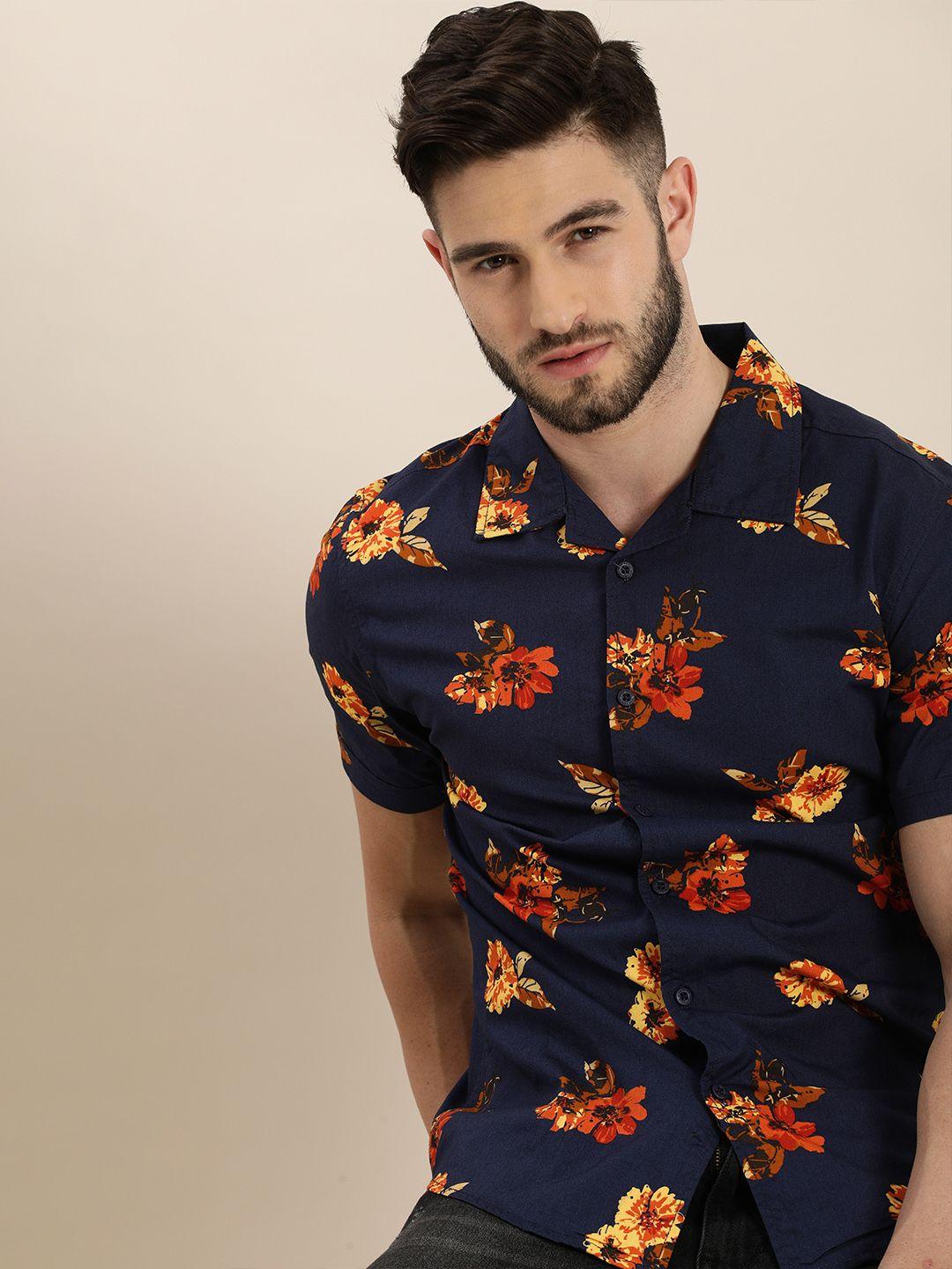 moda rapido men navy blue & orange slim fit floral printed casual shirt