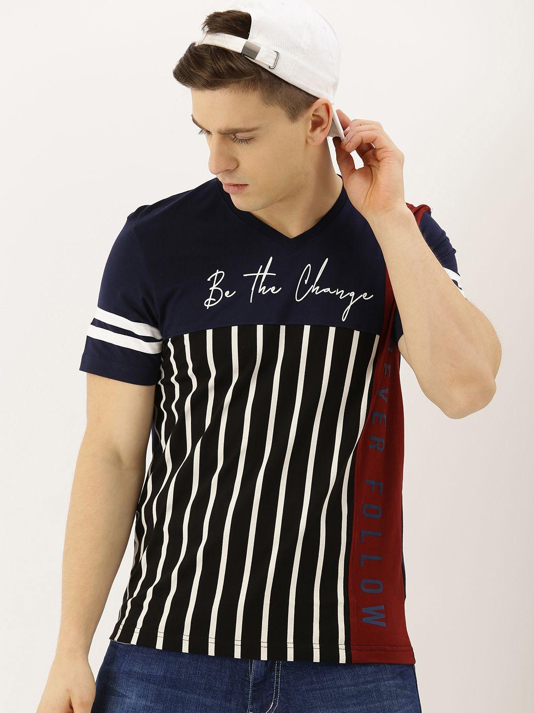 moda rapido men navy blue  black striped v-neck pure cotton t-shirt