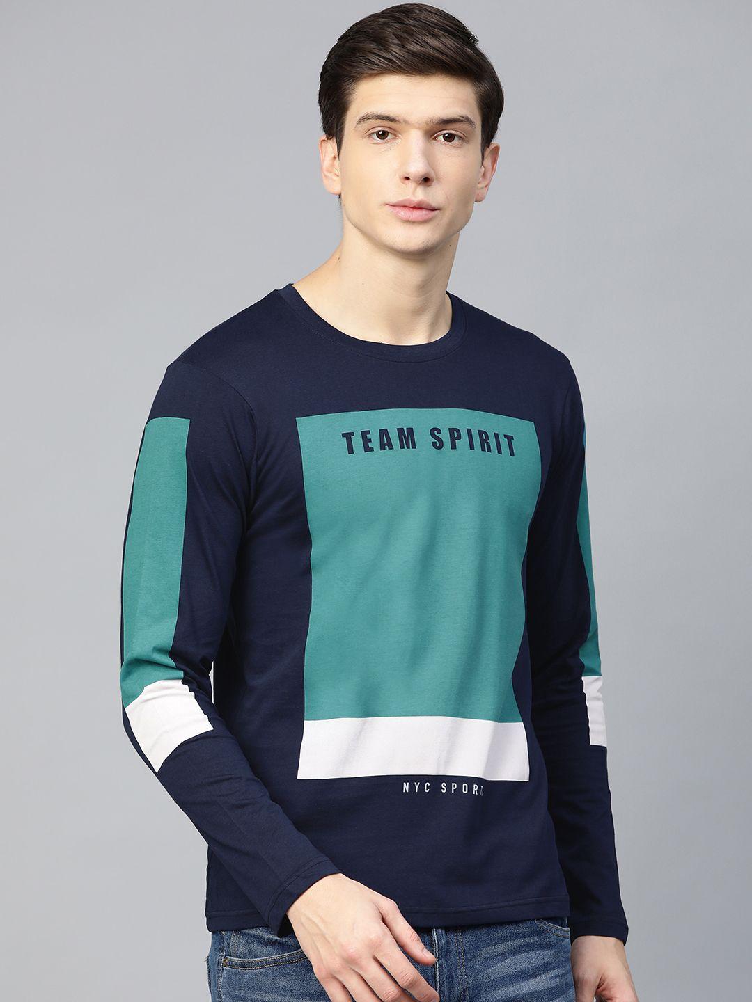 moda rapido men navy blue  teal green colourblocked round neck pure cotton t-shirt