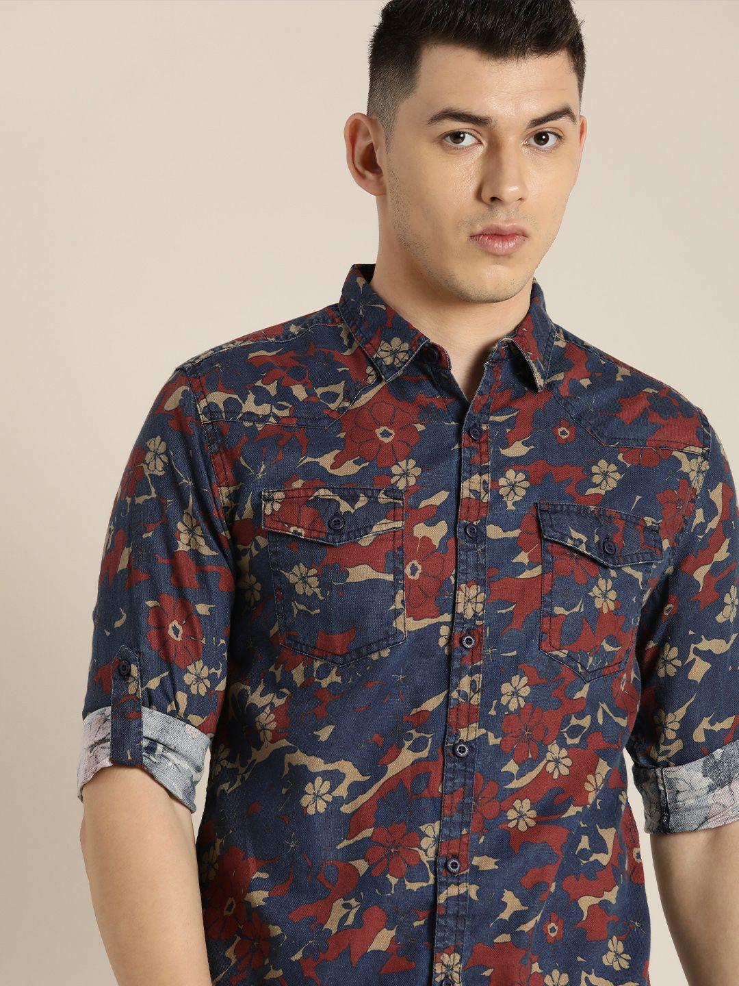 moda rapido men navy blue floral printed pure cotton sustainable casual shirt