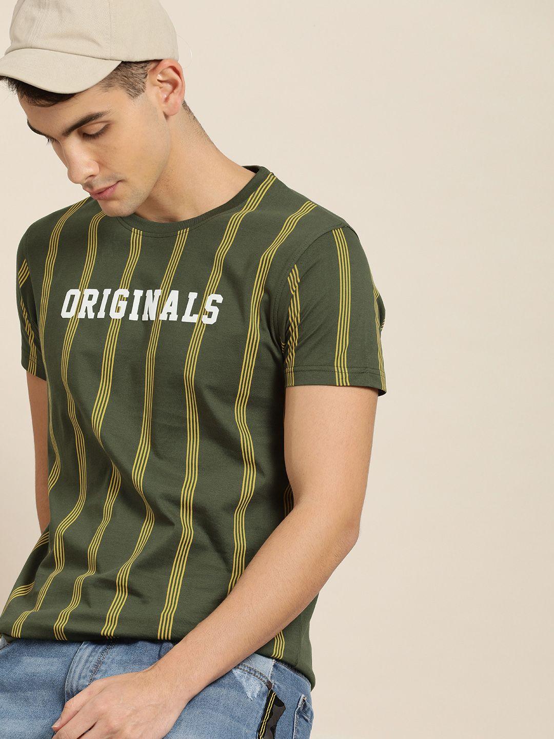 moda rapido men olive green  yellow striped cotton pure cotton t-shirt