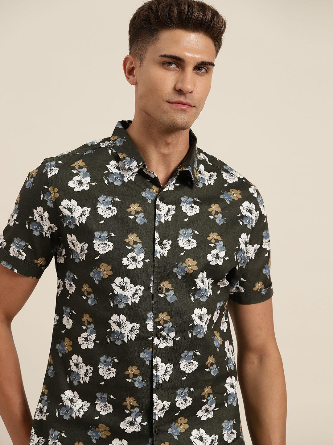 moda rapido men olive green floral printed casual shirt