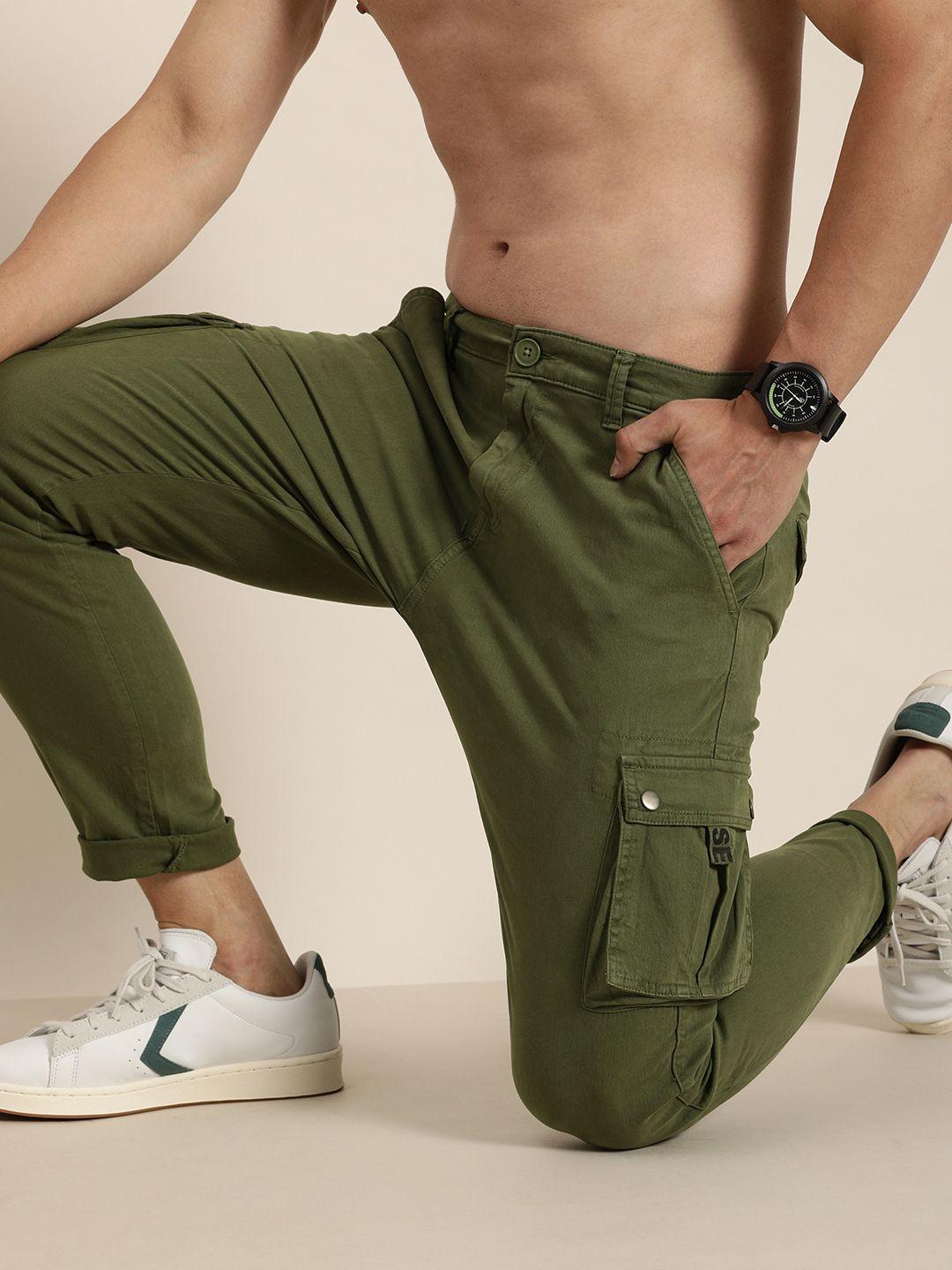moda rapido men olive green slim fit cargos trousers