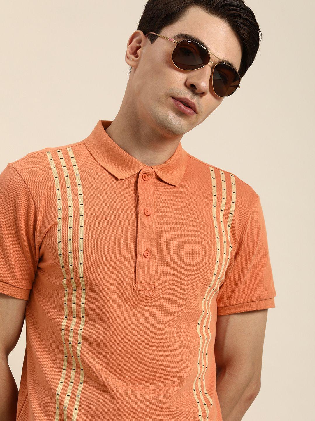 moda rapido men peach-coloured & beige striped polo collar t-shirt