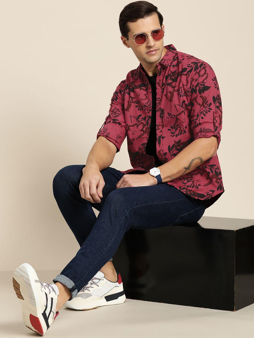 moda rapido men pink & black slim fit printed pure cotton sustainable casual shirt