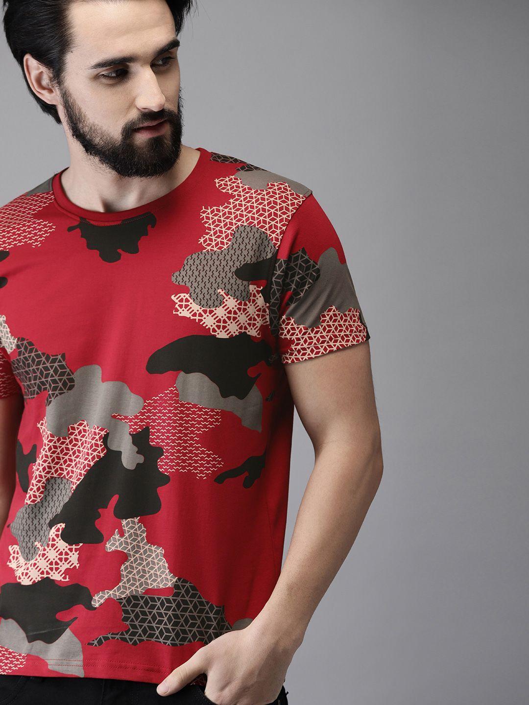 moda rapido men red & black printed round neck t-shirt