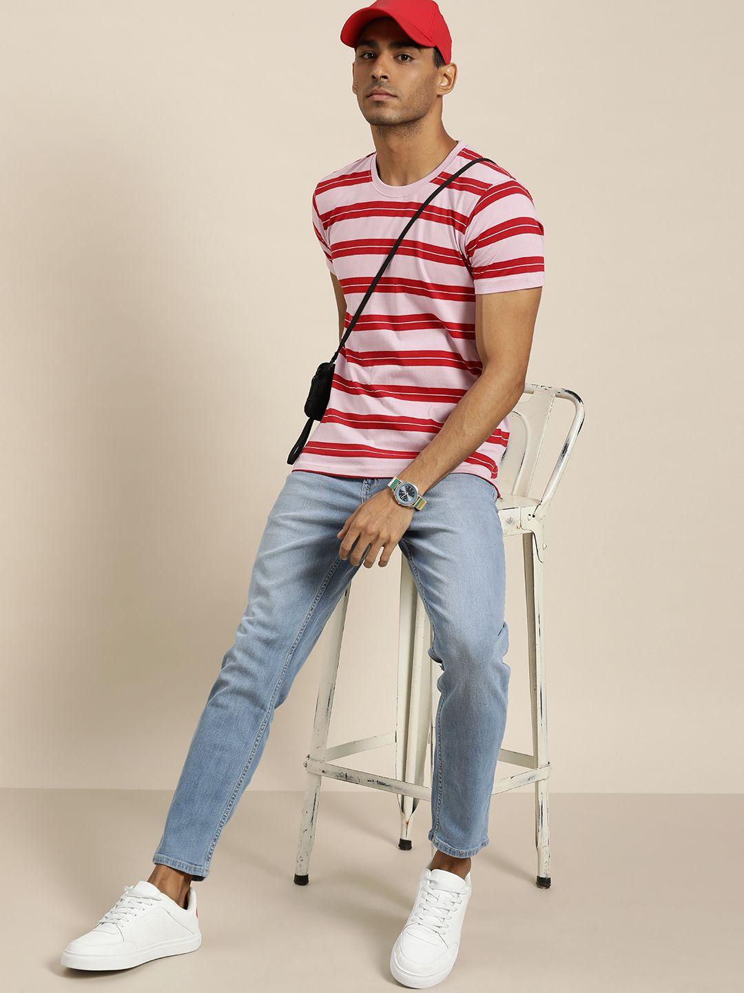 moda rapido men red & pink striped t-shirt