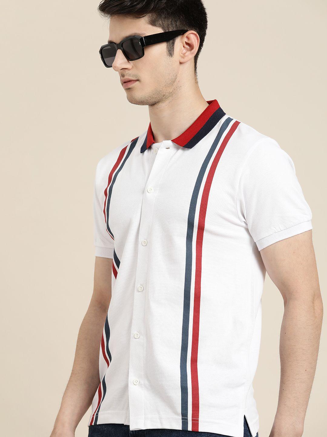 moda rapido men striped polo collar pure cotton t-shirt