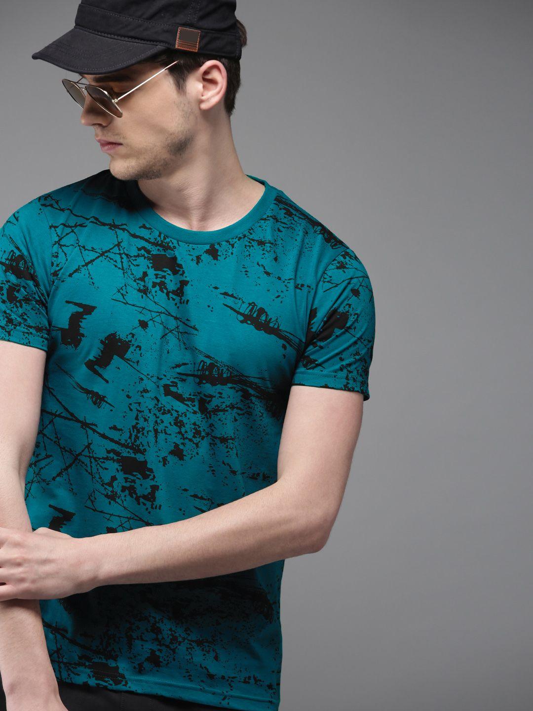 moda rapido men teal blue & black printed round neck t-shirt