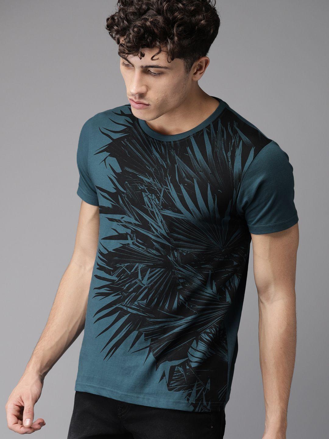 moda rapido men teal blue printed round neck t-shirt