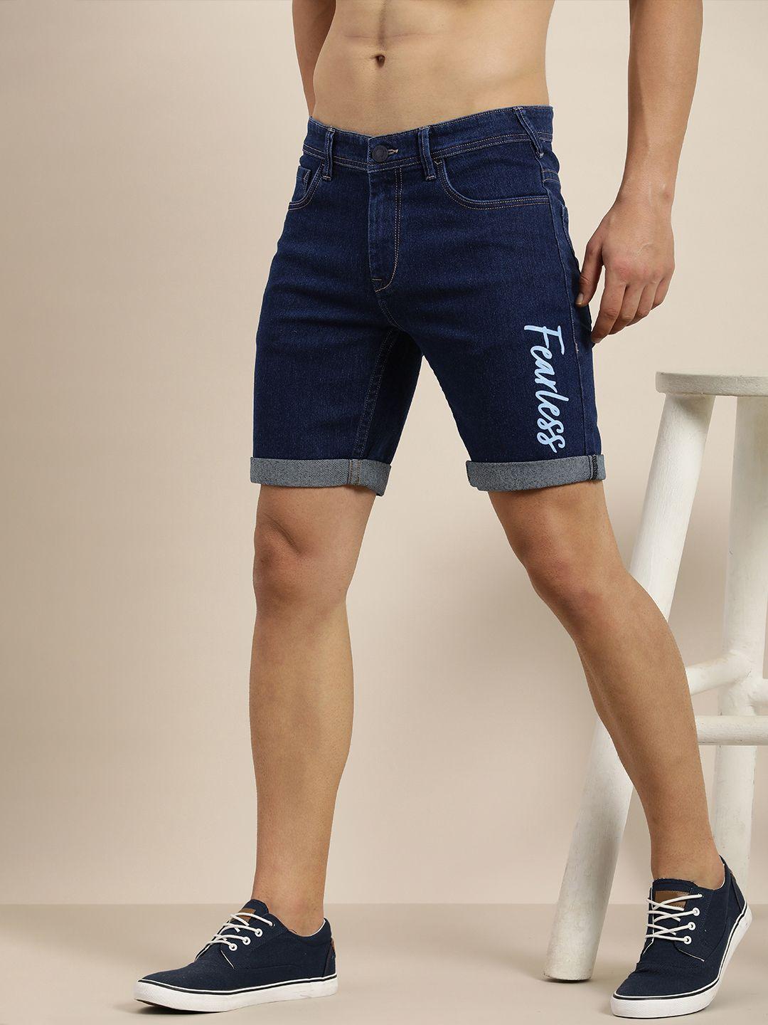 moda rapido men typography printed slim fit mid-rise denim shorts