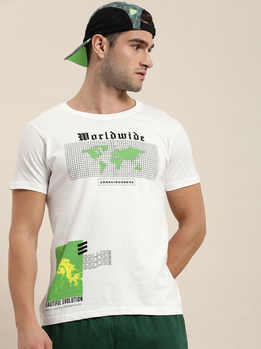 moda rapido men white & green graphic printed pure cotton casual t-shirt