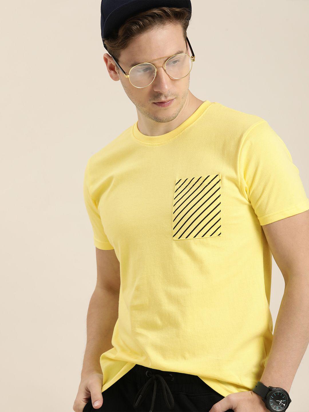 moda rapido men yellow solid round-neck pure cotton t-shirt with printed pocket