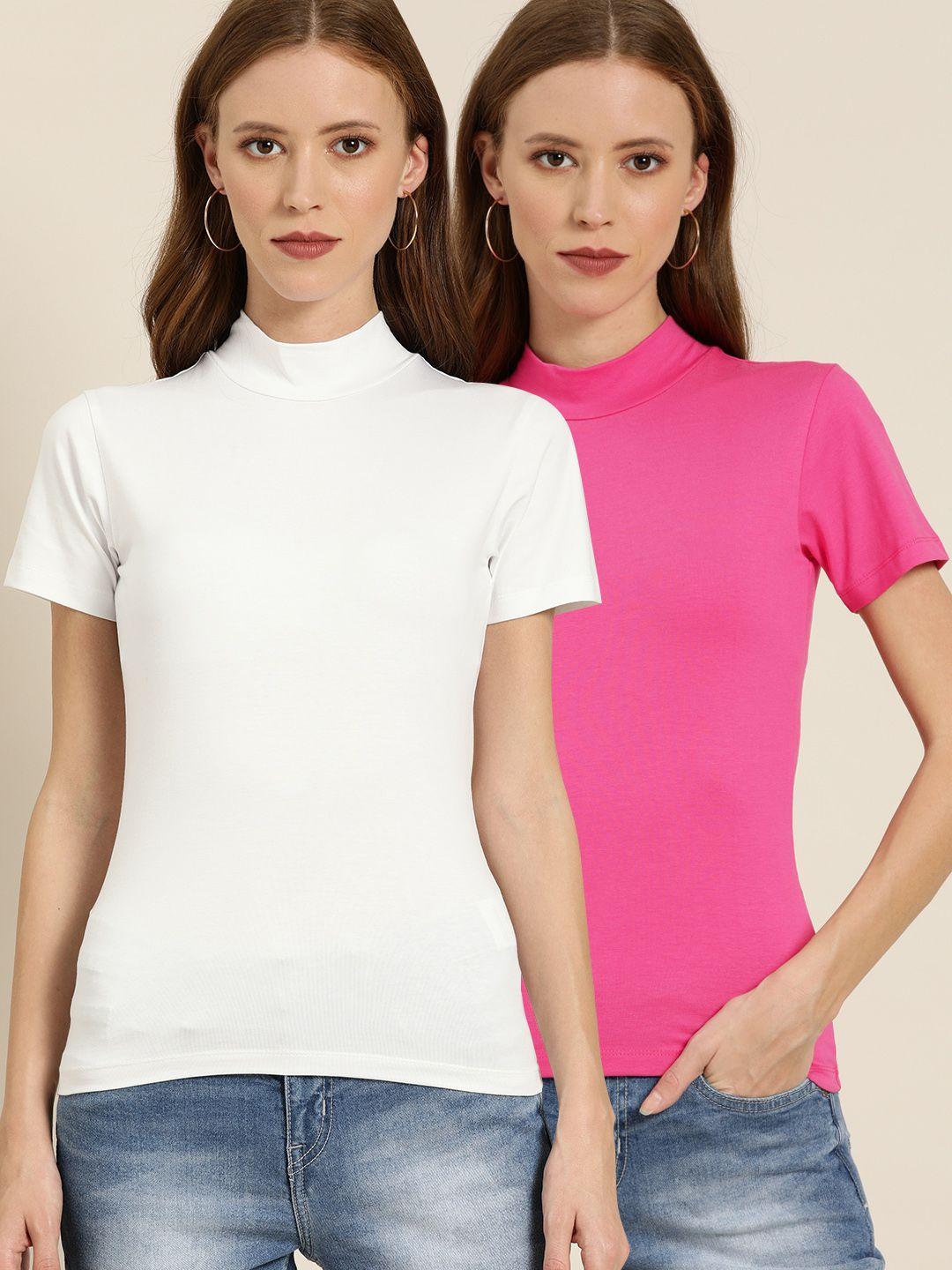 moda rapido pack of 2 women pink solid high neck t-shirt