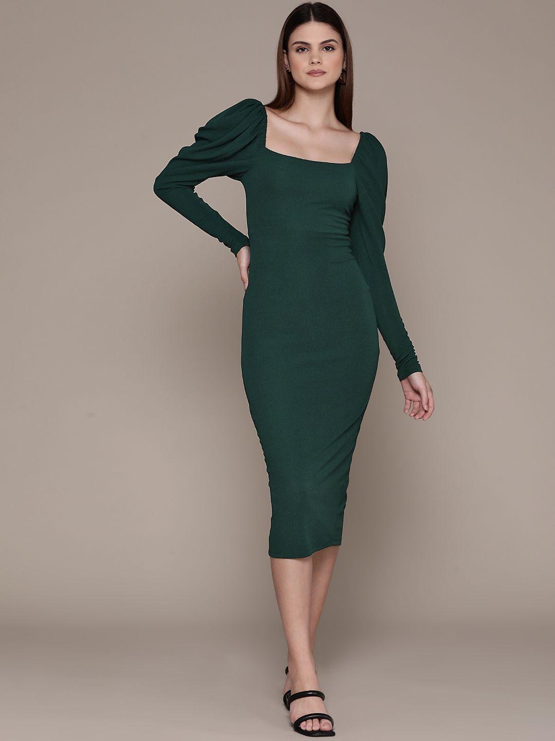 moda rapido puff sleeve bodycon midi dress