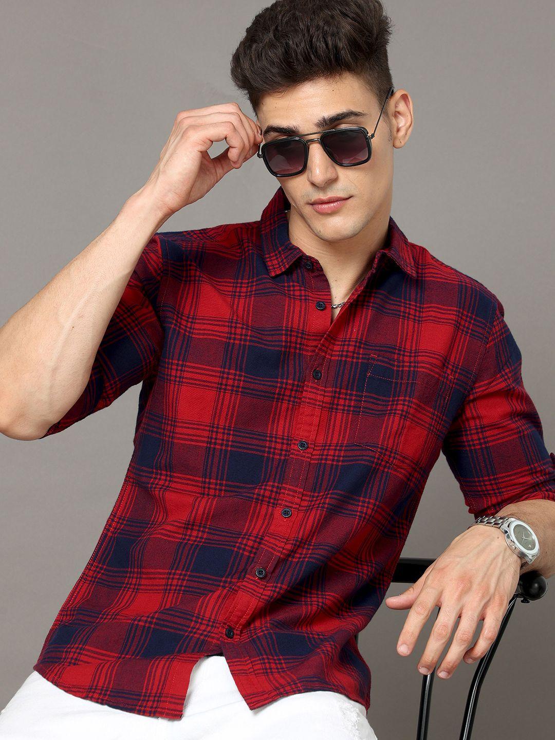 moda rapido red & navy blue tartan checked spread collar cotton slim fit casual shirt