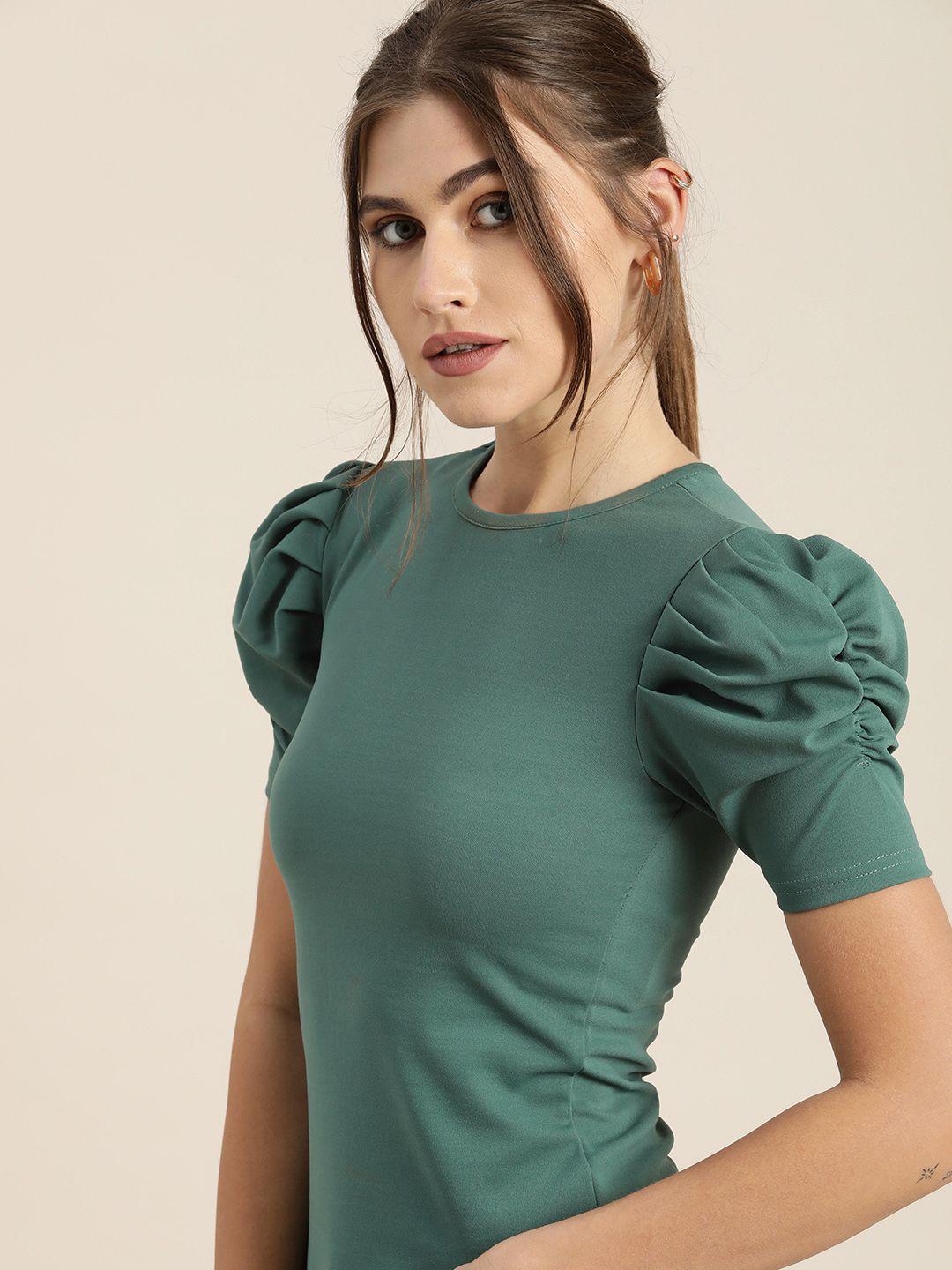 moda rapido teal green solid puff-sleeve regular top