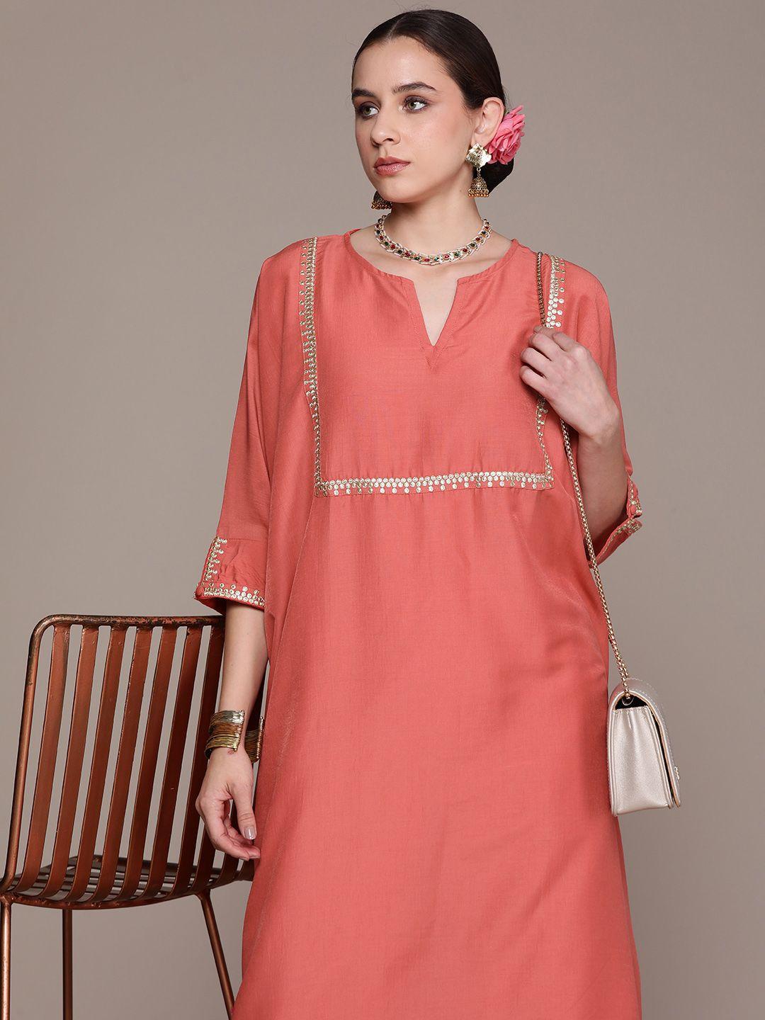 moda rapido thread embroidery detail a-line round neck kurta