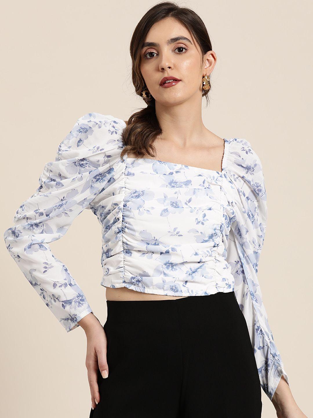 moda rapido white & blue floral print puff sleeve top