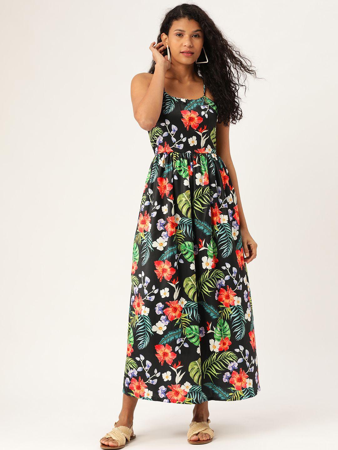 moda rapido women black & green tropical printed styled back maxi dress