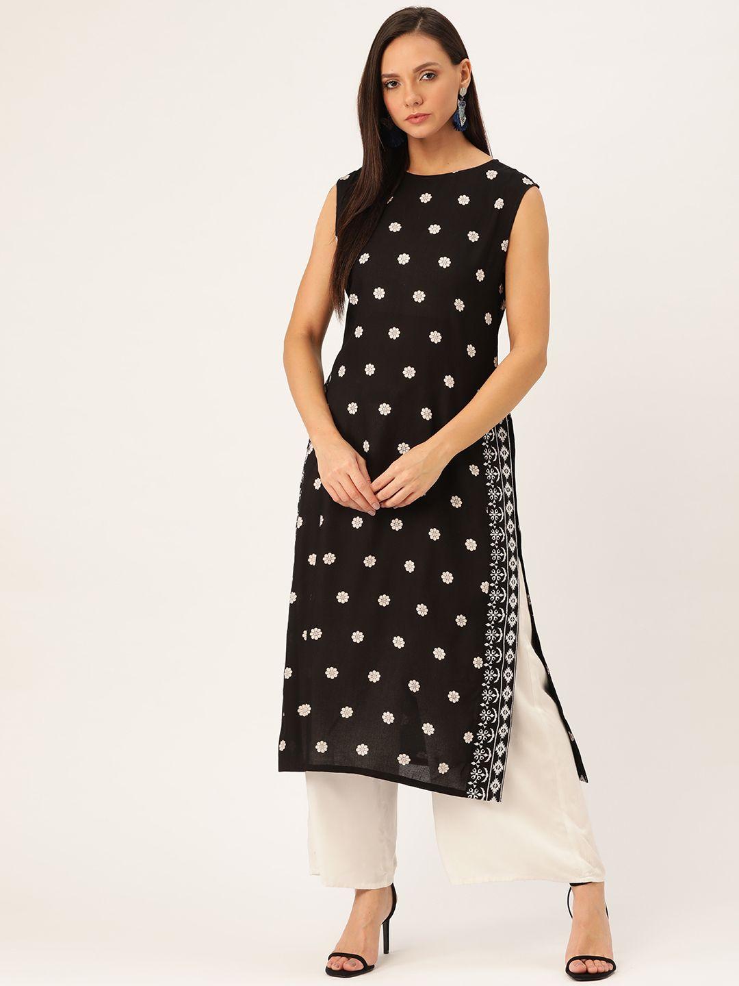 moda rapido women black & white printed straight kurta