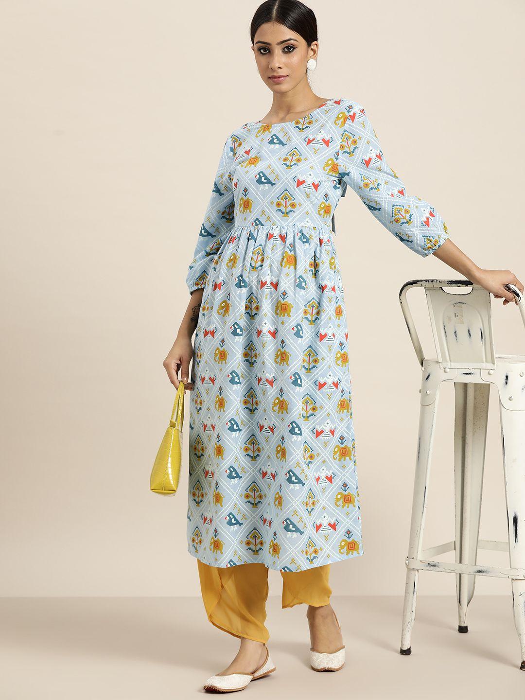 moda rapido women blue & mustard yellow ethnic motifs print gathered cotton a-line kurta