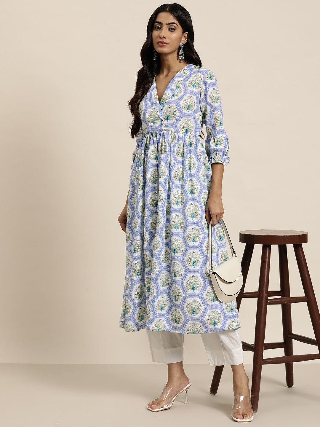 moda rapido women blue & white ethnic motifs printed kurta