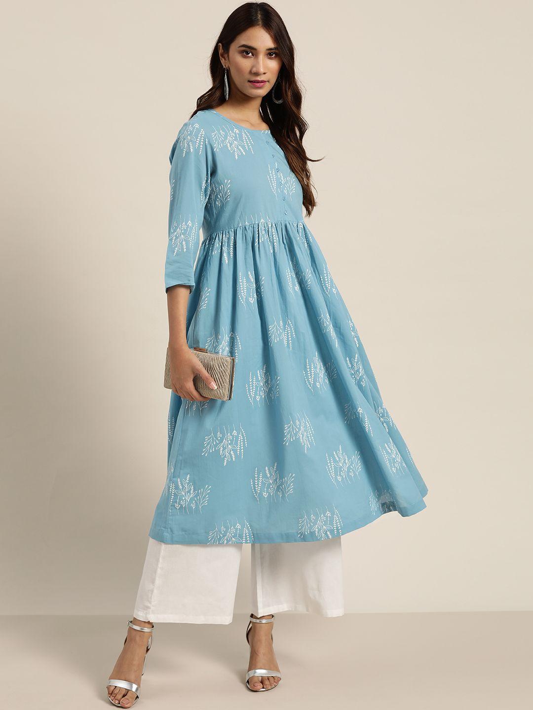 moda rapido women blue & white floral print anarkali kurta