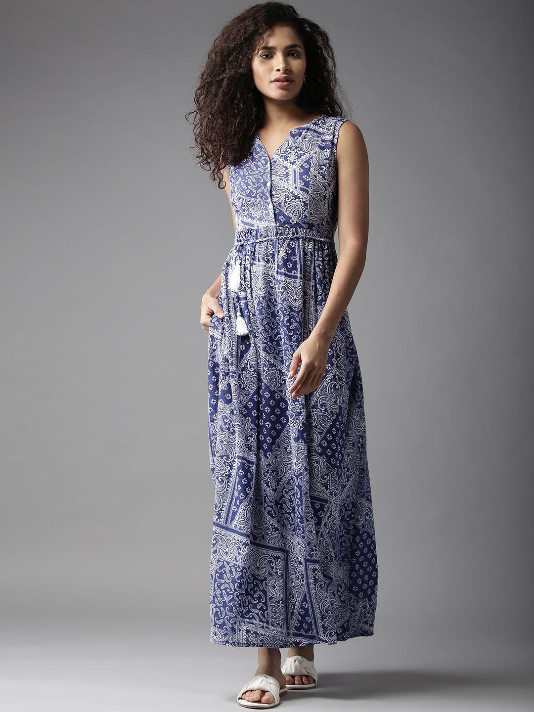 moda rapido women blue & white printed maxi dress