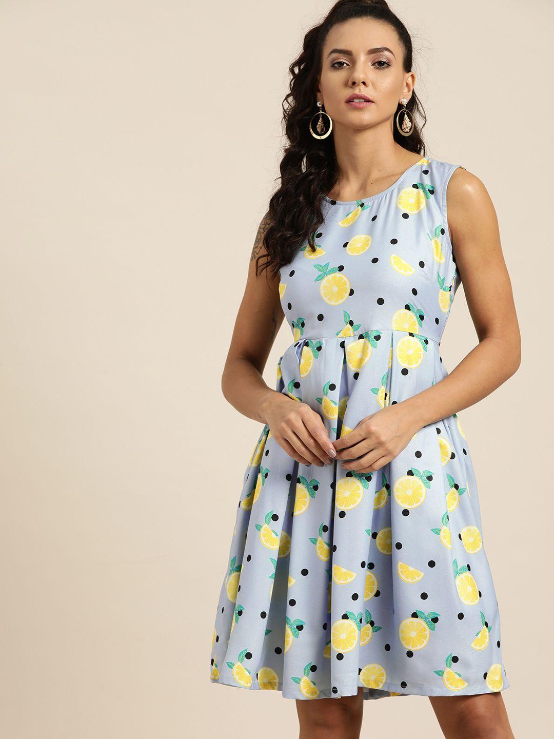 moda rapido women blue & yellow printed a-line dress
