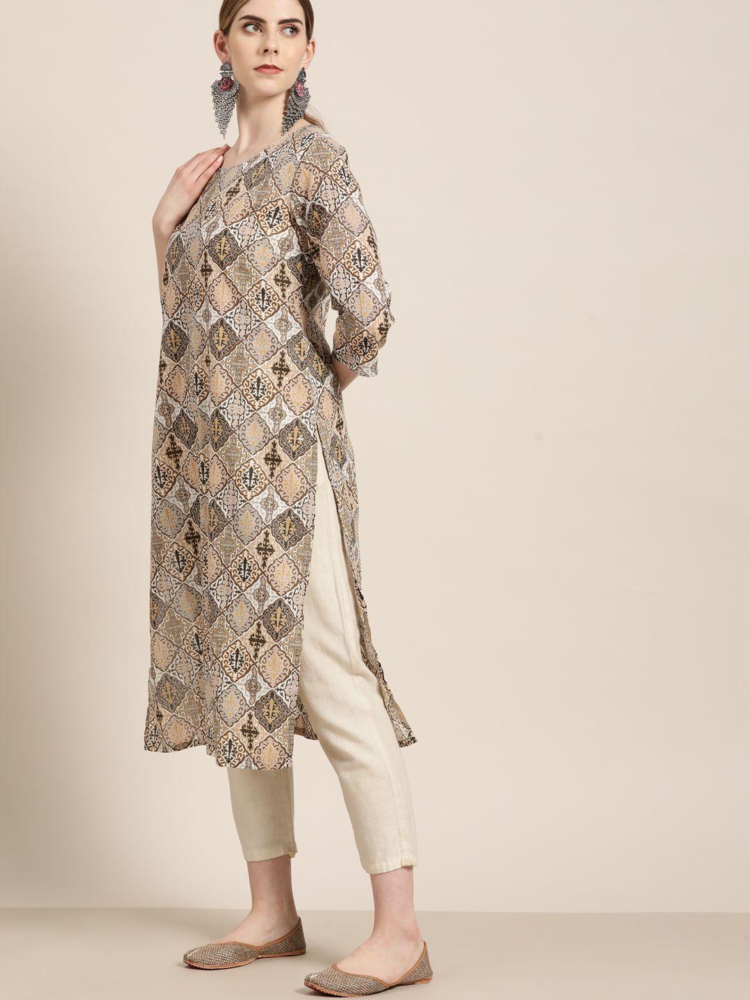 moda rapido women brown & beige ethnic motifs print cotton straight kurta