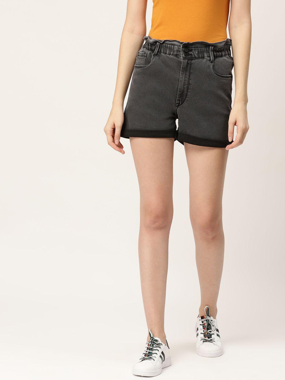 moda rapido women charcoal grey solid regular fit denim shorts