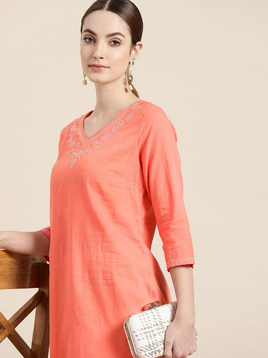 moda rapido women coral pink embroidered v-neck straight kurta