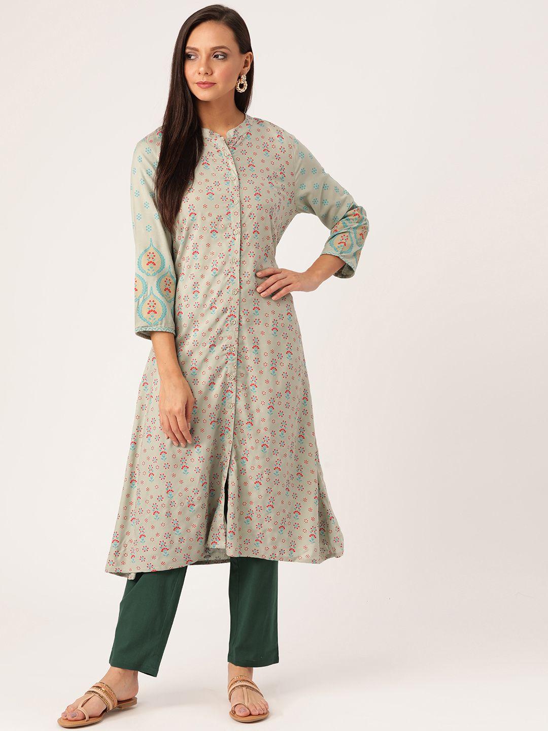 moda rapido women green & blue printed kurta with trousers