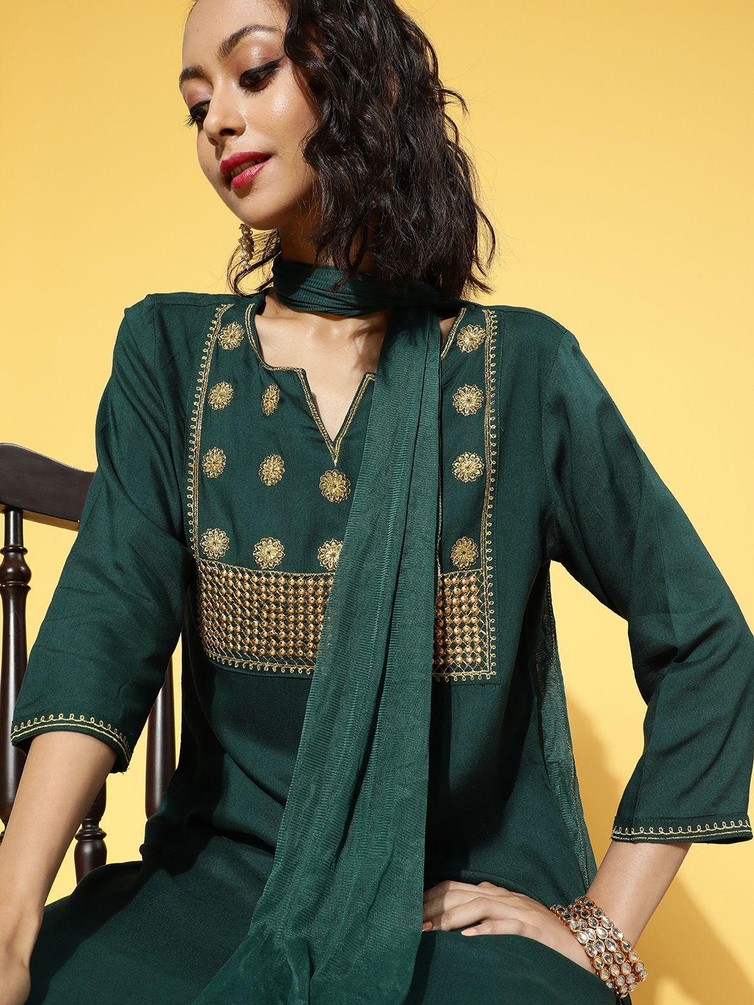 moda rapido women green & golden motifs yoke design straight kurta with trousers & dupatta