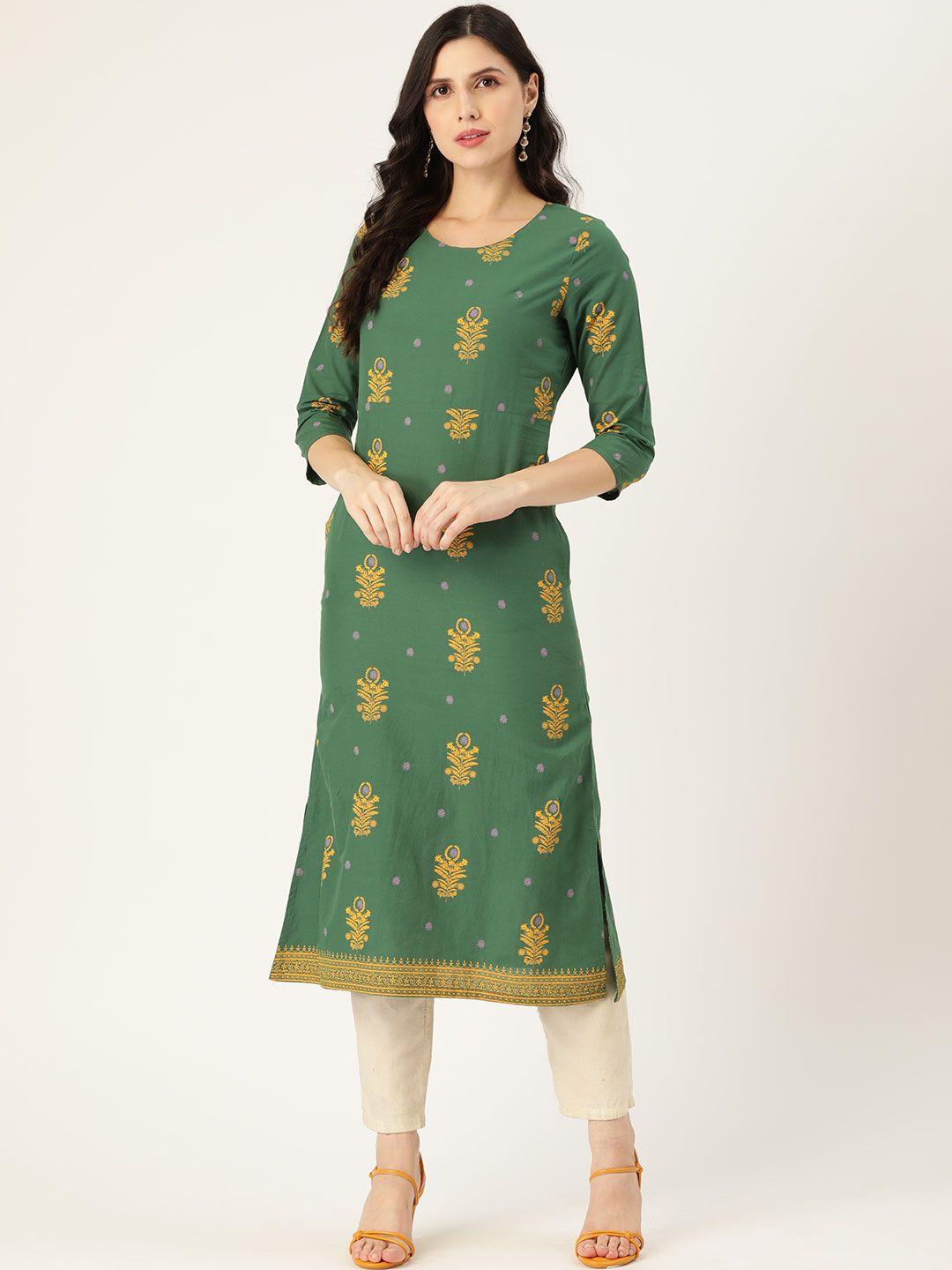 moda rapido women green & mustard yellow pure cotton ethnic motifs print straight kurta