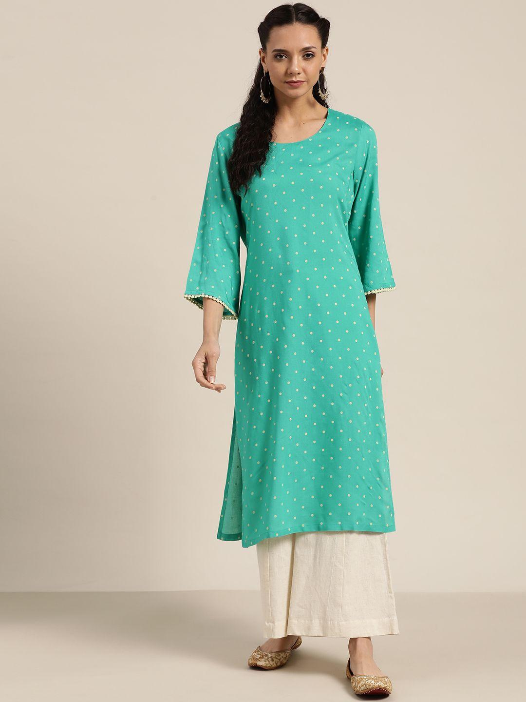 moda rapido women green & off-white printed straight kurta