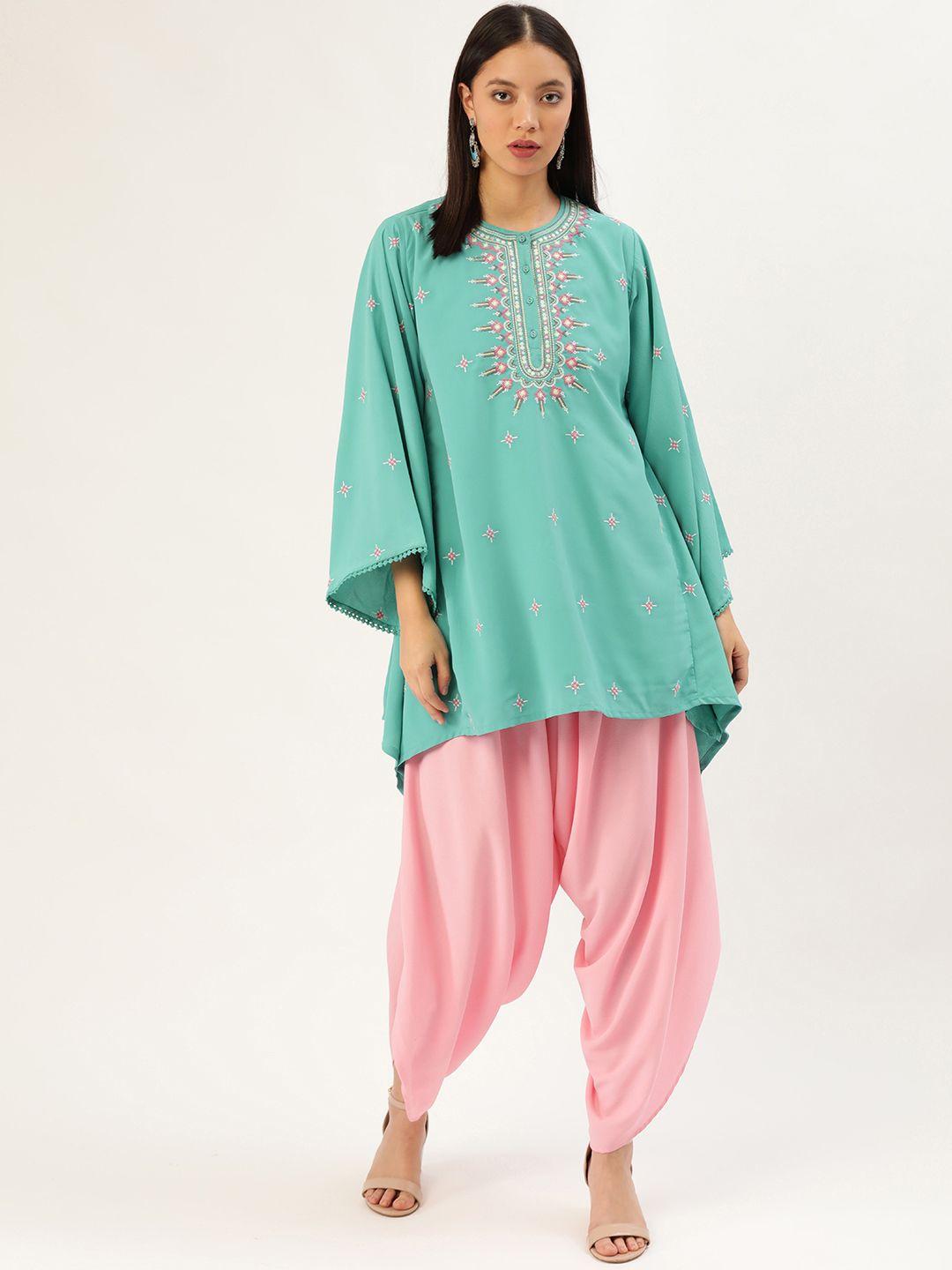moda rapido women green & pink embroidered kurti with dhoti pants